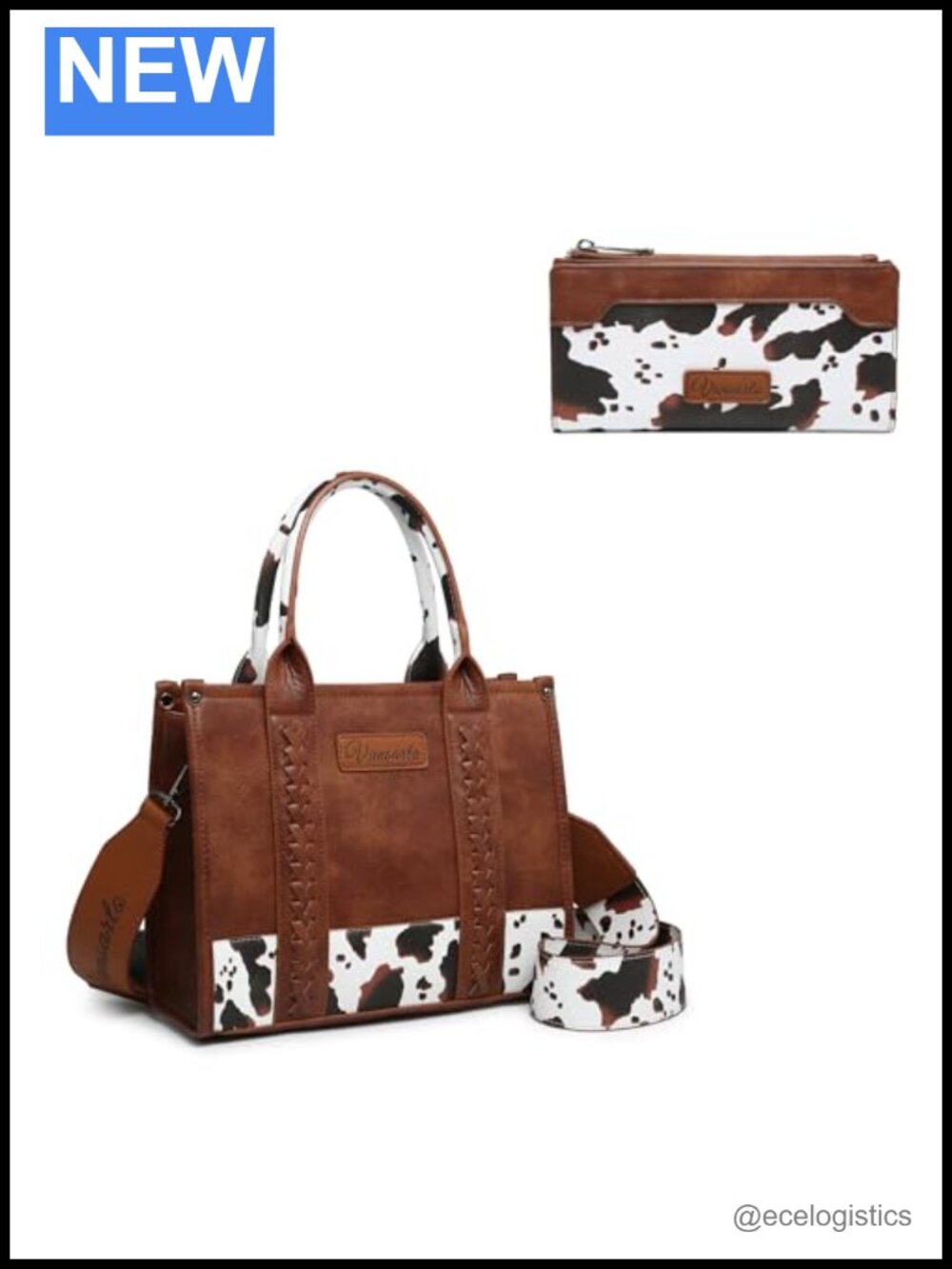 Cow Print Vegan Leather Tote Bag with Matching Bifold Wallet Set